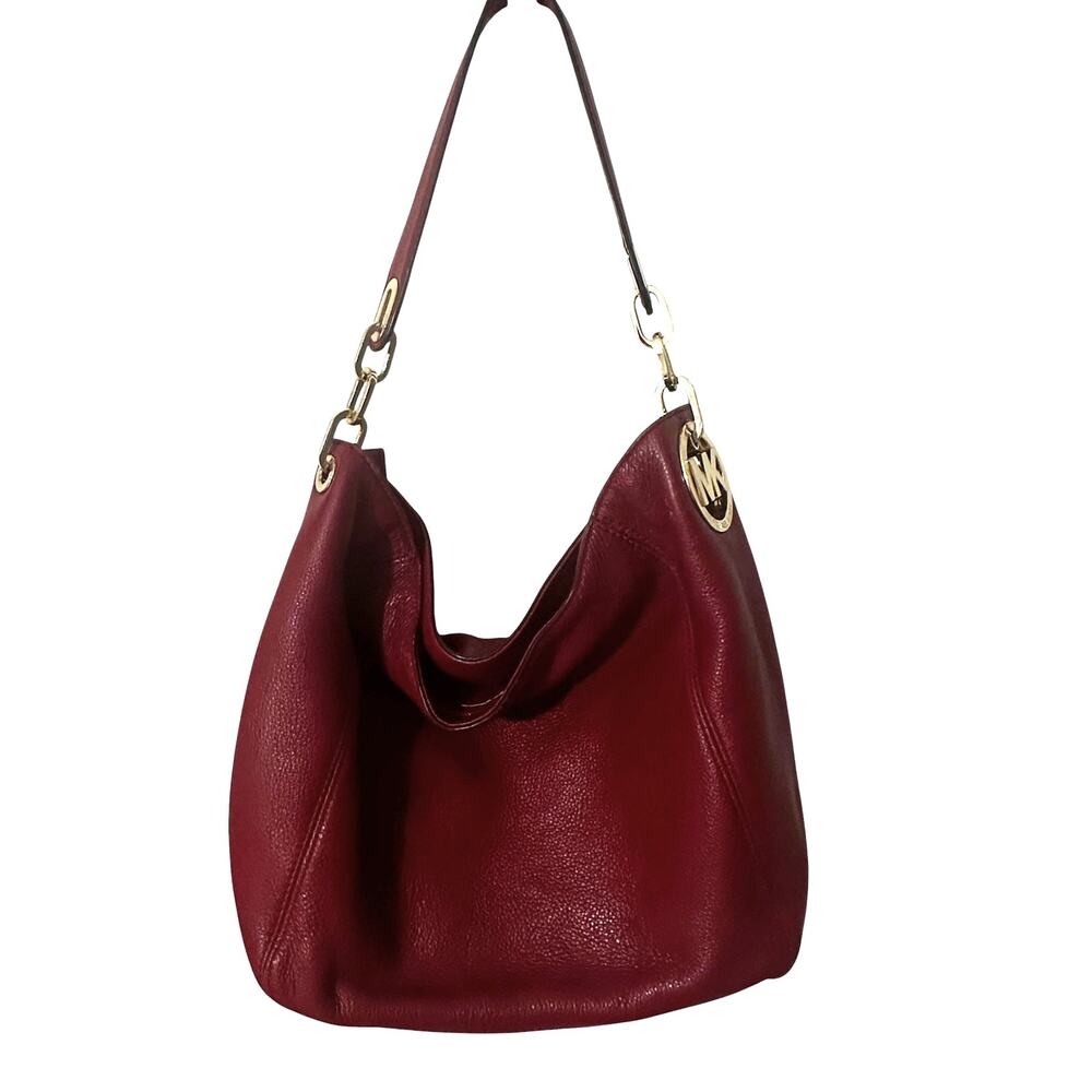 Michael Kors Fulton Hobo Dark Red Pebbled Leather Bag Gold Logo Slouchy Purse